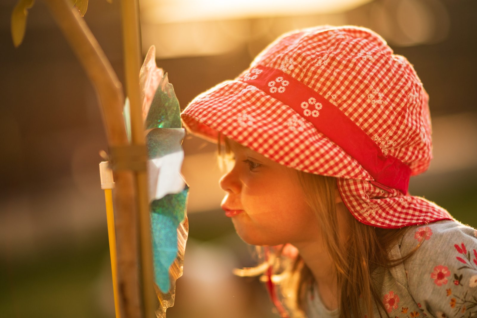 Portrait of a beautiful little 2 years old girl outdoors in red hat with toy windmill. Sunset light background